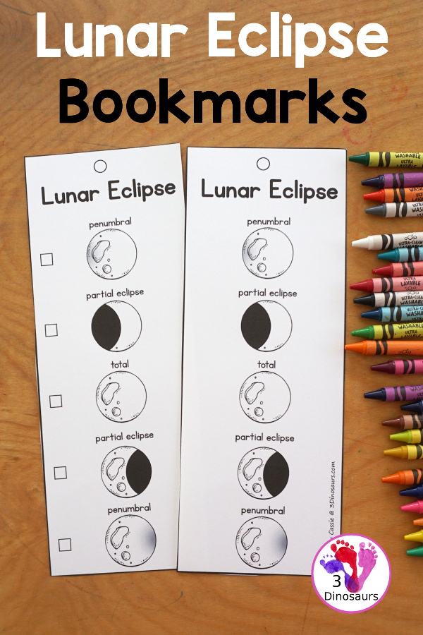 Free Total Lunar Eclipse Bookmarks with the order of events for a total lunar eclipse with pictures for kids to use to mark what they have seen.  3Dinosaurs.com