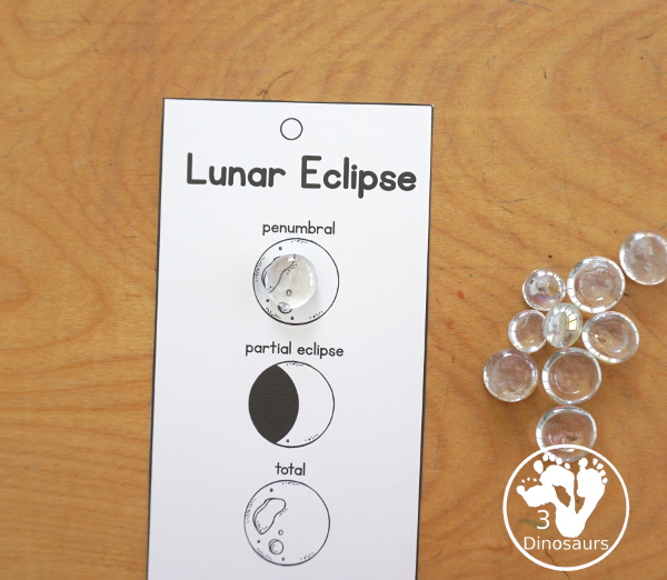 Free Total Lunar Eclipse Bookmarks with the order of events for a total lunar eclipse with pictures for kids to use to mark what they have seen.  3Dinosaurs.com