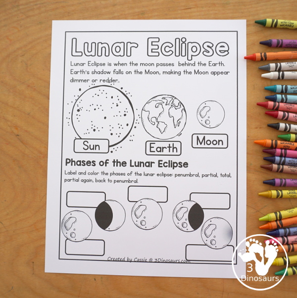 Free Lunar Eclipse Coloring Pages - simple coloring pages with the Sun, Earth, Moon, and the parts of a total lunar eclipse. - 3Dinosaurs.com