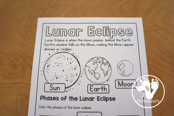Free Lunar Eclipse Coloring Pages - simple coloring pages with the Sun, Earth, Moon, and the parts of a total lunar eclipse. - 3Dinosaurs.com