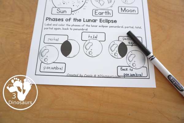 Free Lunar Eclipse Coloring Pages - simple coloring pages with the Sun, Earth, Moon, and the parts of a total lunar eclipse. - 3Dinosaurs.com