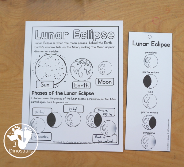 Free Lunar Eclipse Coloring Pages - simple coloring pages with the Sun, Earth, Moon, and the parts of a total lunar eclipse. - 3Dinosaurs.com