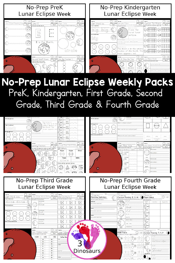 No-Prep Lunar Eclipse Weekly Packs PreK, Kindergarten, First Grade, Second Grade, Third Grade & Fourth Grade with 5 days of activities to do for each grade level with different witch themes. You will find a mix of math, language, and more - These are easy to use packs for homework and morning work. Easy no-prep printables for kids with four pages for each day with fun lunar eclipse learning. - 3Dinosaurs.com