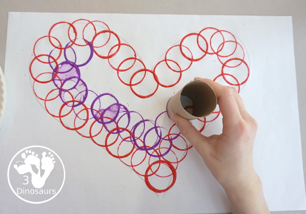 Paper Roll Heart Painting Craft - a simple Valentine craft with a heart shape and paper roll painting the heart. You can do with kids of different ages. - 3Dinosaurs.com