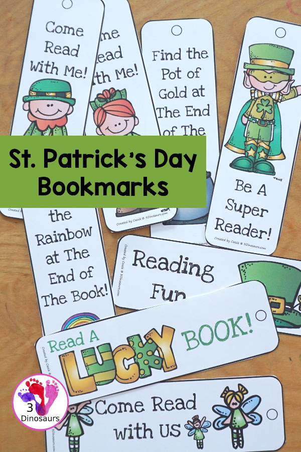 Free St Patrick's Day Bookmarks has fun say8ing about reading on each of the bookmarks with vertical and horizontal bookmarks with 8 bookmarks total 2 pages of printables - 3Dinosaurs.com