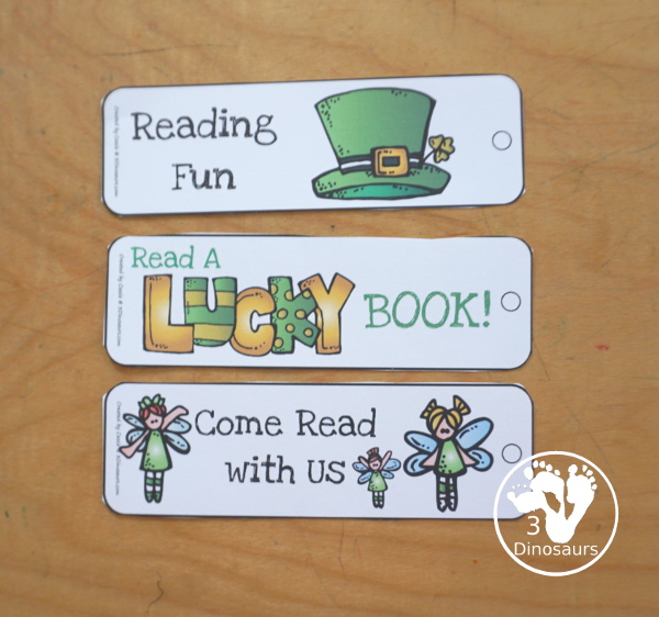 Free St Patrick's Day Bookmarks has fun say8ing about reading on each of the bookmarks with vertical and horizontal bookmarks with 8 bookmarks total 2 pages of printables - 3Dinosaurs.com