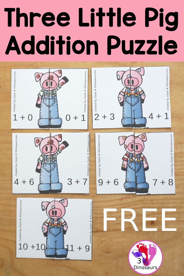 Three Little Pigs Addition Matching Puzzle Printables - with addition matching puzzles with the pigs adding from 1 to 20. You match the equations that add up to the same number. - 3Dinosaurs.com