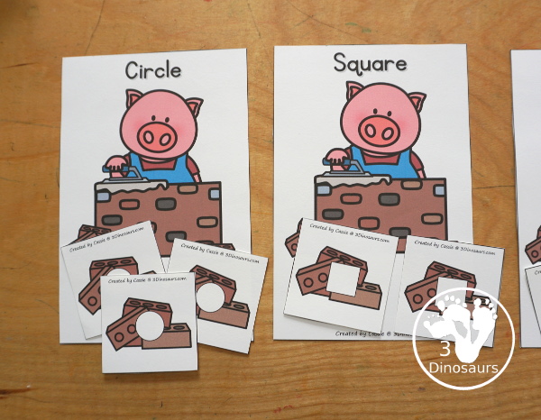 Free Three Little Pigs Shape Sorting Printable -   has sorting for four shapes: circle, square, triangle, rectangle. There are four sorting mats and 6 bricks for each shape mat to sort  - 3Dinosaurs.com - 3Dinosaurs.com