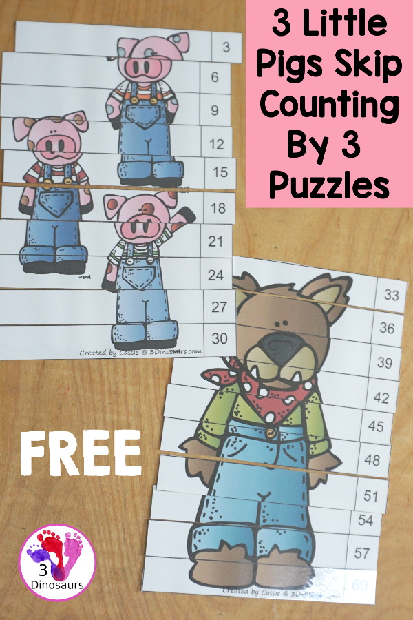 Free Three Little Pigs Skip Counting by 3 Puzzles Printables - you have three skip counting puzzles each skip counting by 3. You have 3 to 30, 33 to 60 and 63 to 90. Each puzzle skip counts by 3 ten times. - 3Dinosaurs.com