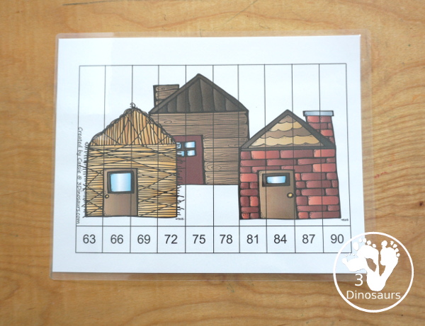 Free Three Little Pigs Skip Counting by 3 Puzzles Printables - you have three skip counting puzzles each skip counting by 3. You have 3 to 30, 33 to 60 and 63 to 90. Each puzzle skip counting by 3 ten times. - 3Dinosaurs.com