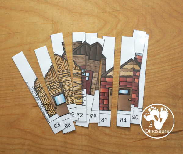 Free Three Little Pigs Skip Counting by 3 Puzzles Printables - you have three skip counting puzzles each skip counting by 3. You have 3 to 30, 33 to 60 and 63 to 90. Each puzzle skip counts by 3 ten times. - 3Dinosaurs.com