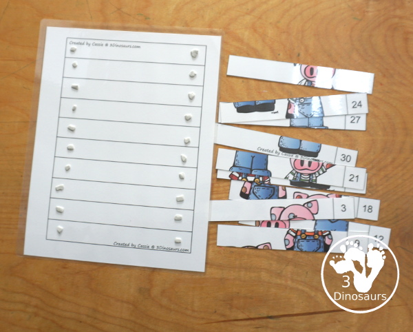 Free Three Little Pigs Skip Counting by 3 Puzzles Printables - you have three skip counting puzzles each skip counting by 3. You have 3 to 30, 33 to 60 and 63 to 90. Each puzzle skip counts by 3 ten times. - 3Dinosaurs.com