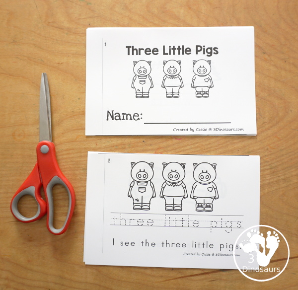 Free Three Little Pigs Easy Reader Book with Tracing has a fun 11 page book with different words from the story for kids to trace the word and then read the sentence for the word. A super simple, easy reader book for kids for the Three Little Pigs Story. - 3Dinosaurs.com