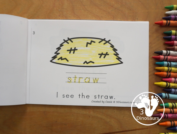 Free Three Little Pigs Easy Reader Book with Tracing has a fun 11 page book with different words from the story for kids to trace the word and then read the sentence for the word. A super simple, easy reader book for kids for the Three Little Pigs Story. - 3Dinosaurs.com