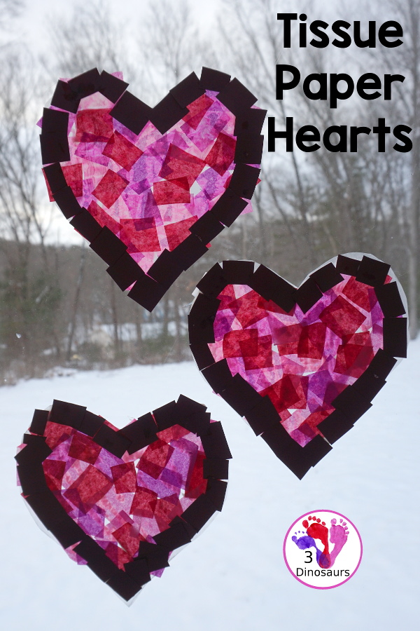 Stained Glass Hearts Craft For Valentine's Day - a simple wax paper craft for kids with tissue paper glue and tissue paper. - 3Dinosaurs.com