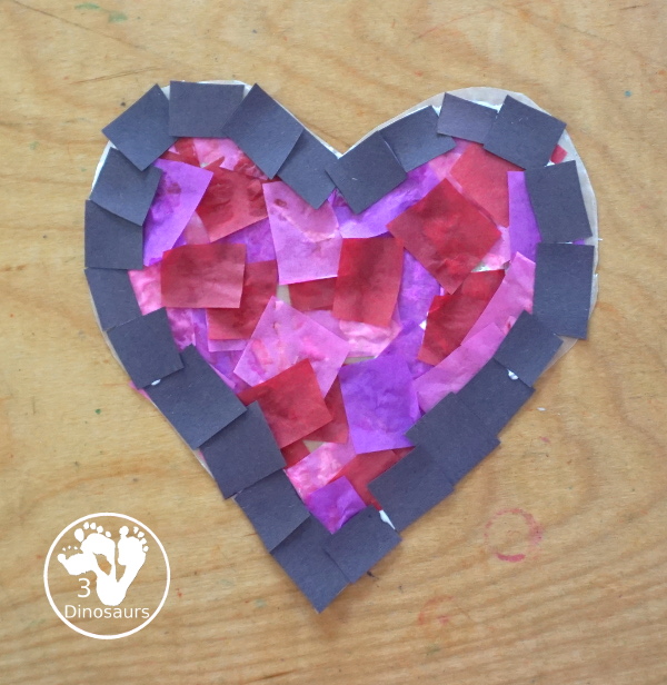 Stained Glass Hearts Craft For Valentine's Day - a simple wax paper craft for kids with tissue paper glue and tissue paper. - 3Dinosaurs.com