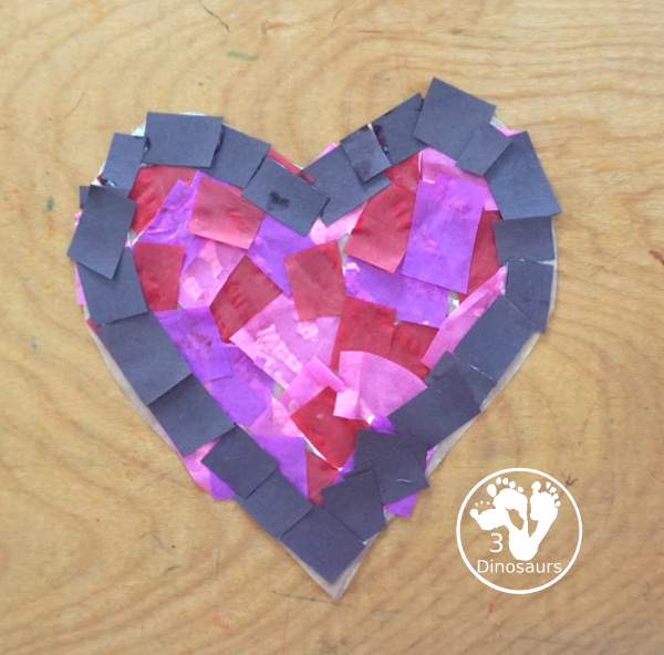 Stained Glass Hearts Craft For Valentine's Day - a simple wax paper craft for kids with tissue paper glue and tissue paper. - 3Dinosaurs.com