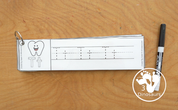 Free Tooth ABC Tracing Strips - with uppercase and lowercase together. You have fun kids with a tooth plus you can see an example of how to trace the letters - 3Dinosaurs.com