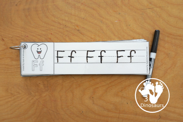 Free Tooth ABC Tracing Strips - with uppercase and lowercase together. You have fun kids with a tooth plus you can see an example of how to trace the letters - 3Dinosaurs.com