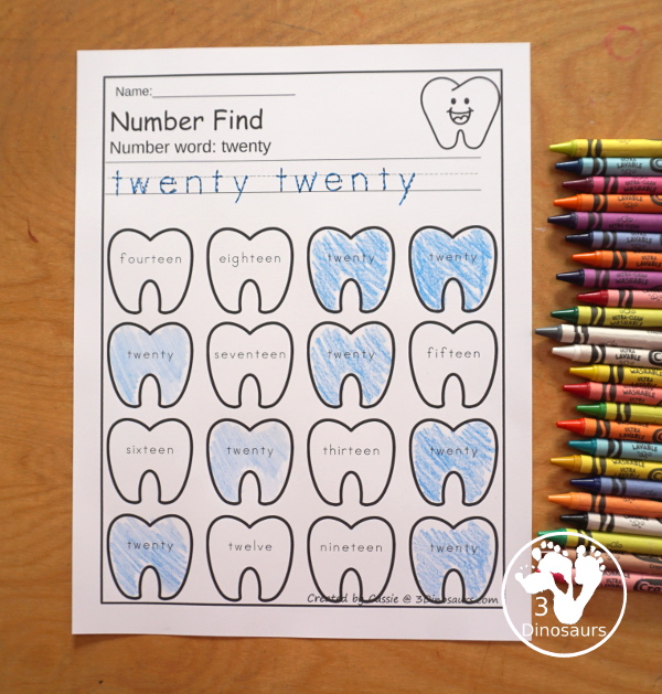 Tooth Number Find Printable - with Numbers 0 to 20 for kids to trace and then find the numbers on the teeth below. You can see that you have number word and numerical number options.- 3Dinosaurs.com