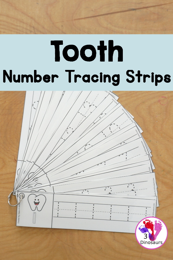 Free Tooth Number Tracing Strips - with numbers 0 to 20. You can trace the numbers and an example of how to trace the numbers on the strips, plus a tooth on each tracing strip. - 3Dinosaurs.com