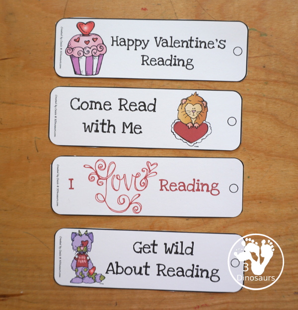 Free Valentines Bookmarks - 12 bookmarks to use in books. You have different sayings and Valentine's themes on each bookmark. - 3Dinosaurs.com