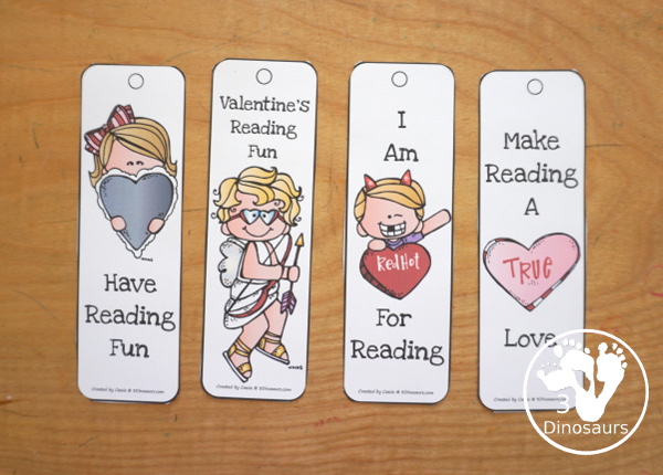 Free Valentines Bookmarks - 12 bookmarks to use in books. You have different sayings and Valentine's themes on each bookmark. - 3Dinosaurs.com