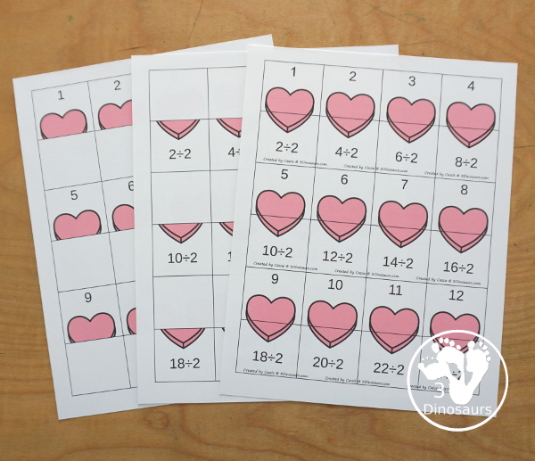 Valentine Multiplication & Division Cut & Paste and Matching with cut and paste worksheets for division and multiplication with numbers 1 to 12 and match puzzles and matching mats for division and multiplication - 3Dinosaurs.com
