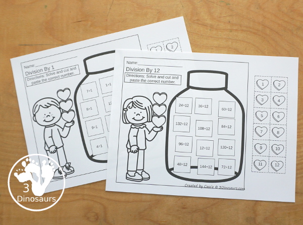 Valentine Multiplication & Division Cut & Paste and Matching with cut and paste worksheets for division and multiplication with numbers 1 to 12 and match puzzles and matching mats for division and multiplication - 3Dinosaurs.com