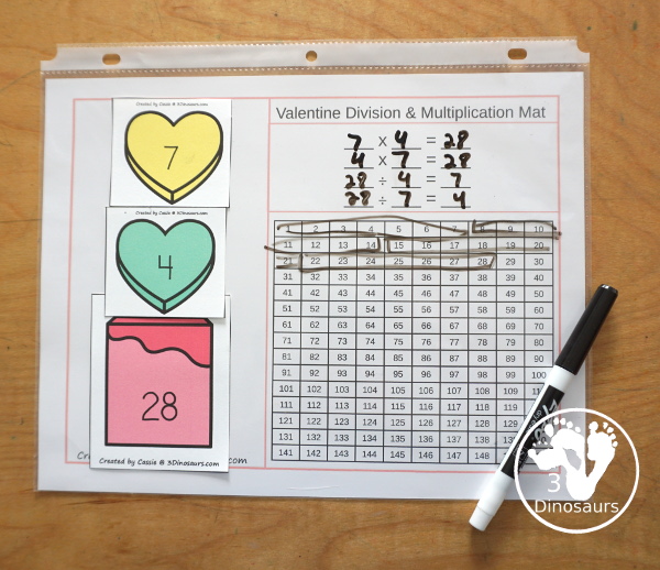 Valentine Multiplication & Division Cut & Paste and Matching with cut and paste worksheets for division and multiplication with numbers 1 to 12 and match puzzles and matching mats for division and multiplication - 3Dinosaurs.com