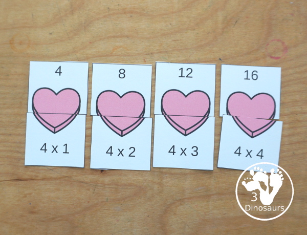 Valentine Multiplication & Division Cut & Paste and Matching with cut and paste worksheets for division and multiplication with numbers 1 to 12 and match puzzles and matching mats for division and multiplication - 3Dinosaurs.com
