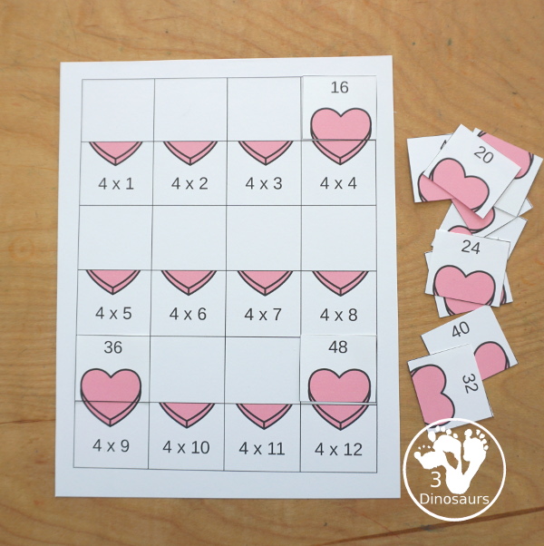 Valentine Multiplication & Division Cut & Paste and Matching with cut and paste worksheets for division and multiplication with numbers 1 to 12 and match puzzles and matching mats for division and multiplication - 3Dinosaurs.com