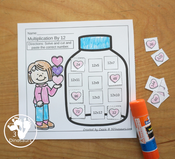 Valentine Multiplication & Division Cut & Paste and Matching with cut and paste worksheets for division and multiplication with numbers 1 to 12 and match puzzles and matching mats for division and multiplication - 3Dinosaurs.com