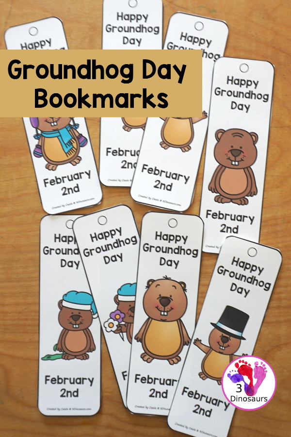 Free Groundhog Day Bookmark Printables - 8 fun bookmarks to use for Groundhog Day for kids. And they can be used every year and there are 4 bookmarks per page - 3Dinosaurs.com