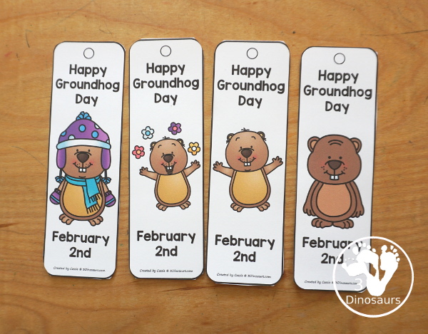 Free Groundhog Day Bookmark Printables - 8 fun bookmarks to use for Groundhog Day for kids. And they can be used every year and there are 4 bookmarks per page - 3Dinosaurs.com