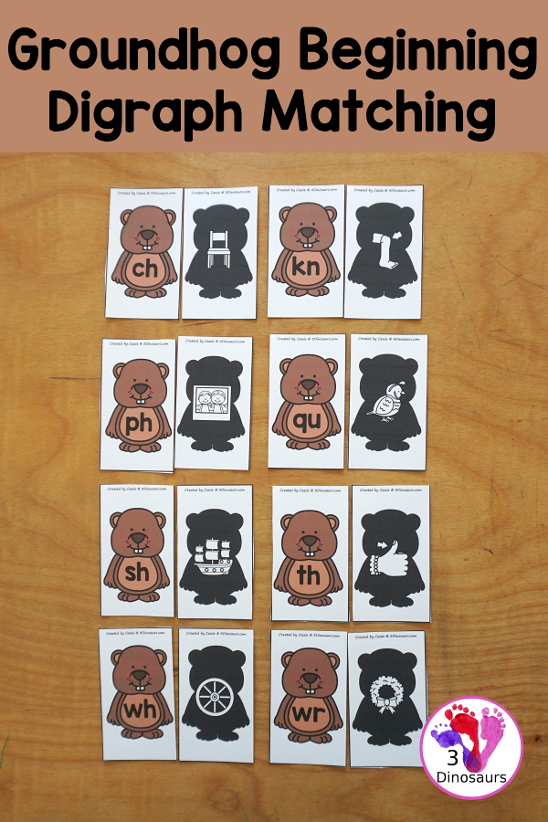 Free Groundhog Beginning Digraph Matching Printable - a fun printable with matching beginning digraphs with a picture that has the same beginning digraph. The picture is on the shadow of the groundhog and the letters are on the groundhog for the digraph.  3Dinosaurs.com