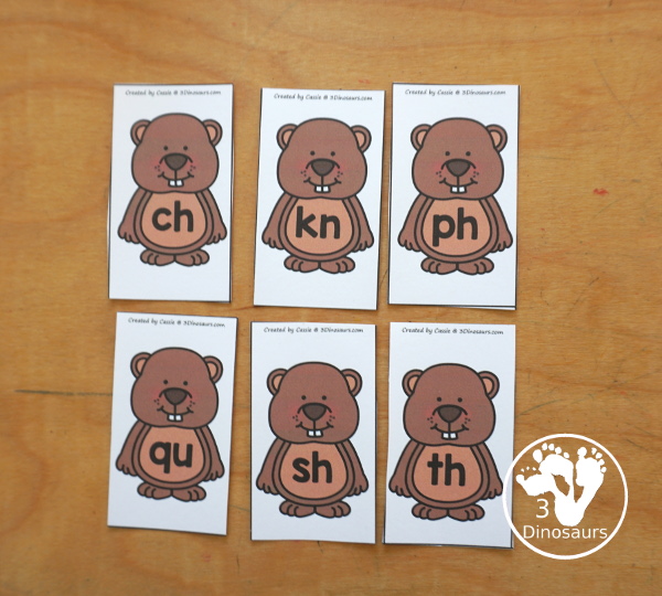 Free Groundhog Beginning Digraph Matching Printable - a fun printable with matching beginning digraphs with a picture that has the same beginning digraph. The picture is on the shadow of the groundhog and the letters are on the groundhog for the digraph.  3Dinosaurs.com
