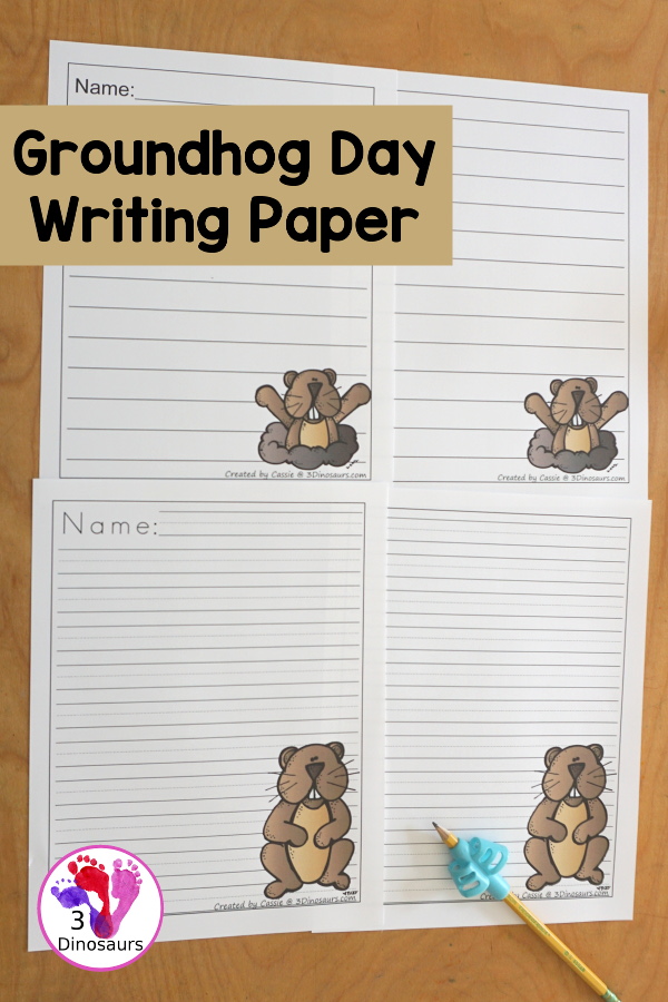 Free Groundhog Writing Paper Printables - You have two picture options for the groundhog. You have a groundhog standing and a groundhog coming out the ground. There are a single line option and a guideline option. Perfect for groundhog day writing. 3Dinosaurs.com