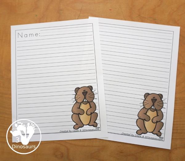 Free Groundhog Writing Paper Printables - You have two picture options for the groundhog. You have a groundhog standing and a groundhog coming out the ground. There are a single line option and a guideline option. Perfect for groundhog day writing. 3Dinosaurs.com