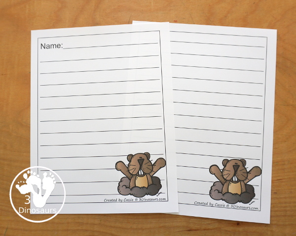 Free Groundhog Writing Paper Printables - You have two picture options for the groundhog. You have a groundhog standing and a groundhog coming out the ground. There are a single line option and a guideline option. Perfect for groundhog day writing. 3Dinosaurs.com