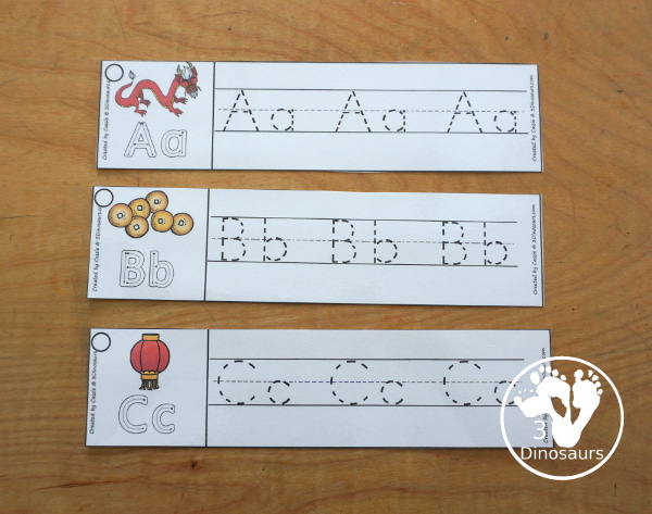 Free Lunar New Year ABC Tracing Strips - with uppercase and lowercase together. You have fun kids with a Lunar New Year Themes plus you can see an example of how to trace the letters - 3Dinosaurs.com