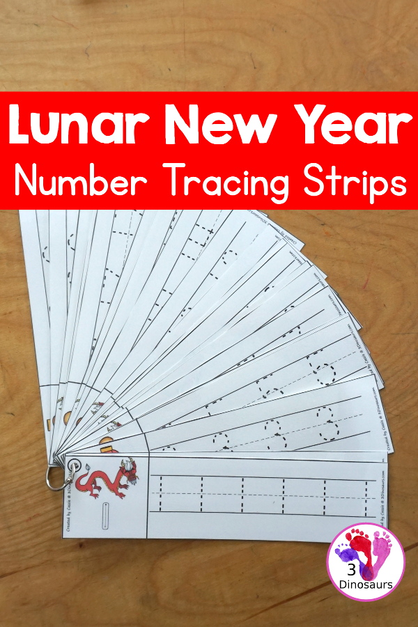 Free Lunar New Year Number Tracing Strips - with numbers 0 to 20. You can tracing the numbers and an example of how to trace the numbers on the strips, plus an dragon, coins or lantern on each number tracing strip. - 3Dinosaurs.com