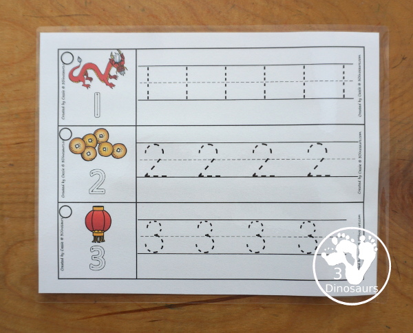 Free Lunar New Year Number Tracing Strips - with numbers 0 to 20. You can tracing the numbers and an example of how to trace the numbers on the strips, plus an dragon, coins or lantern on each number tracing strip. - 3Dinosaurs.com