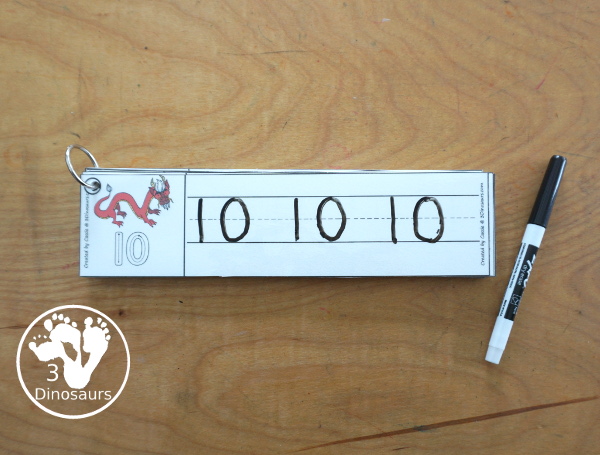 Free Lunar New Year Number Tracing Strips - with numbers 0 to 20. You can tracing the numbers and an example of how to trace the numbers on the strips, plus an dragon, coins or lantern on each number tracing strip. - 3Dinosaurs.com