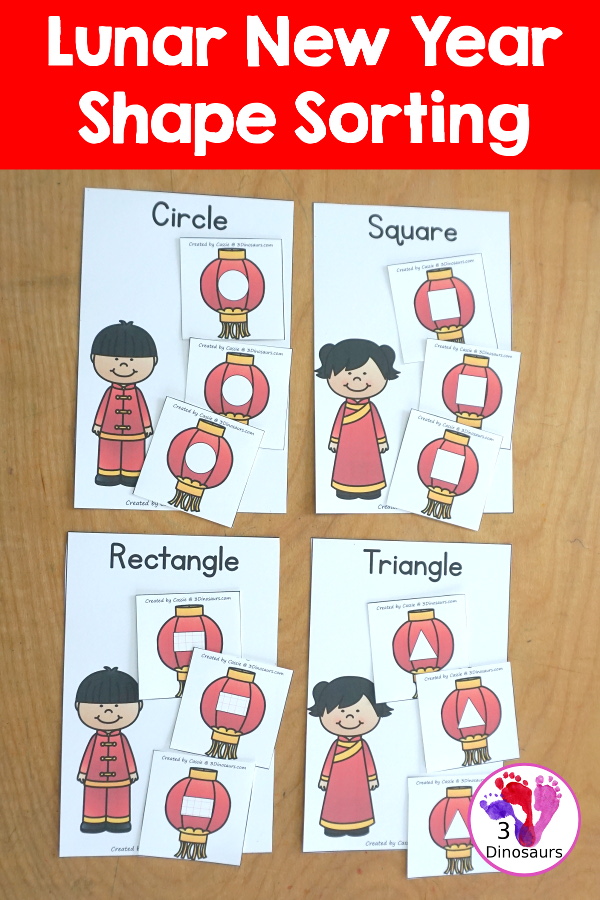Free Lunar New Year Shape Sorting - has 4 sorting makes with 6 matching shapes for each sorting mat. You have four shapes: circle, square, triangle and rectangle. - 3Dinosaurs.com