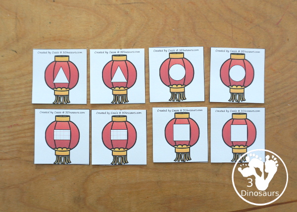 Free Lunar New Year Shape Sorting - has 4 sorting makes with 6 matching shapes for each sorting mat. You have four shapes: circle, square, triangle and rectangle. - 3Dinosaurs.com