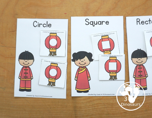 Free Lunar New Year Shape Sorting - has 4 sorting makes with 6 matching shapes for each sorting mat. You have four shapes: circle, square, triangle and rectangle. - 3Dinosaurs.com