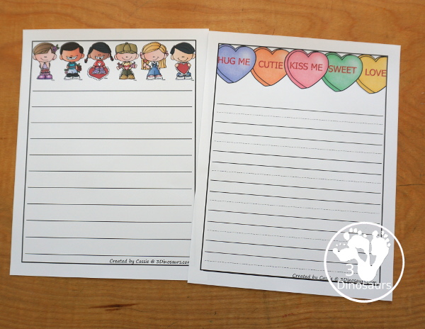 Free Valentines Writing Paper Printable - two types of writing paper. You have kids at top and conversation hearts at top. You have single line writing paper and guideline writing paper with and without drawing area. - 3Dinosaurs.com