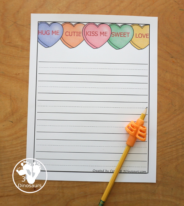 Free Valentines Writing Paper Printable - two types of writing paper. You have kids at top and conversation hearts at top. You have single line writing paper and guideline writing paper with and without drawing area. - 3Dinosaurs.com