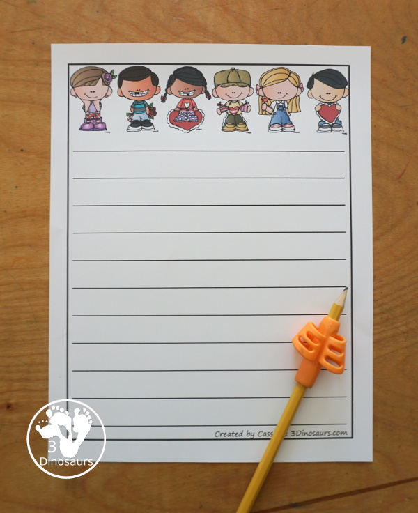 Free Valentines Writing Paper Printable - two types of writing paper. You have kids at top and conversation hearts at top. You have single line writing paper and guideline writing paper with and without drawing area. - 3Dinosaurs.com
